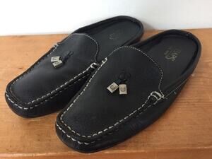 Chaps Arrington Black Leather Slip On Squared Toe Heelless Loafer Mules Women 7B
